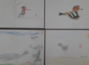 Na stole ułożone są 4 prace plastyczne przedstawiające ptaki. Pierwszy i drugi rysunek ukazuje dudka. Kolejny gołębie i wróble a ostatni wróbla.